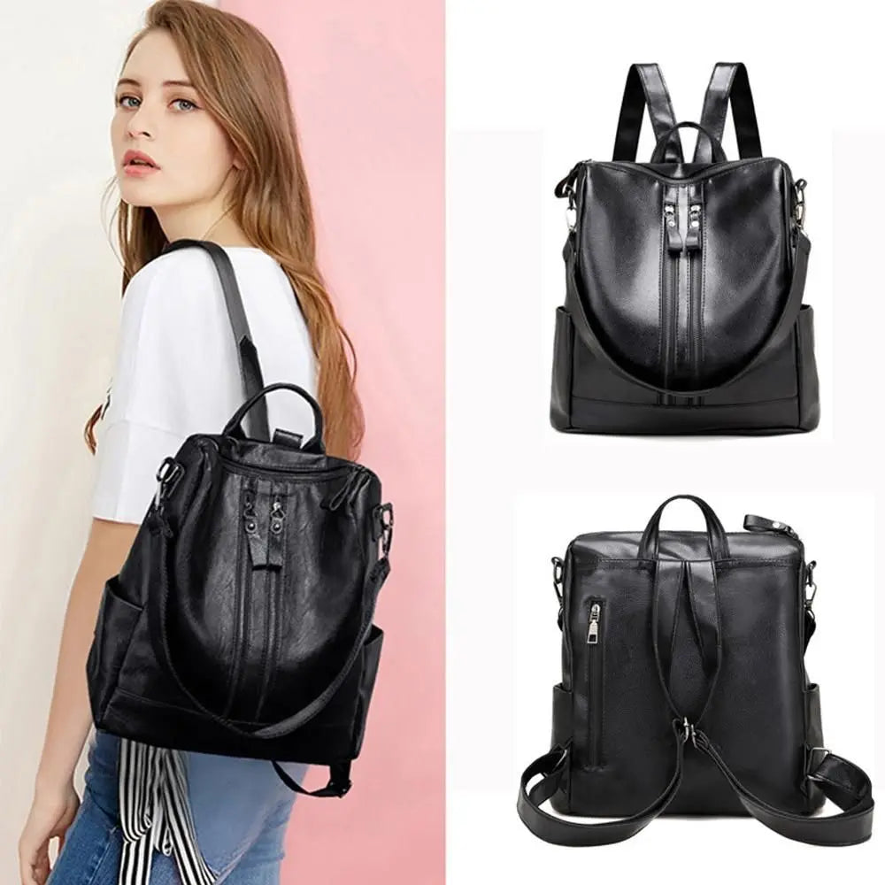 Damen Soft PU Leder Rucksack Schwarz – Großer Casual College- & Reise-Rucksack, multifunktional & ultraleicht
