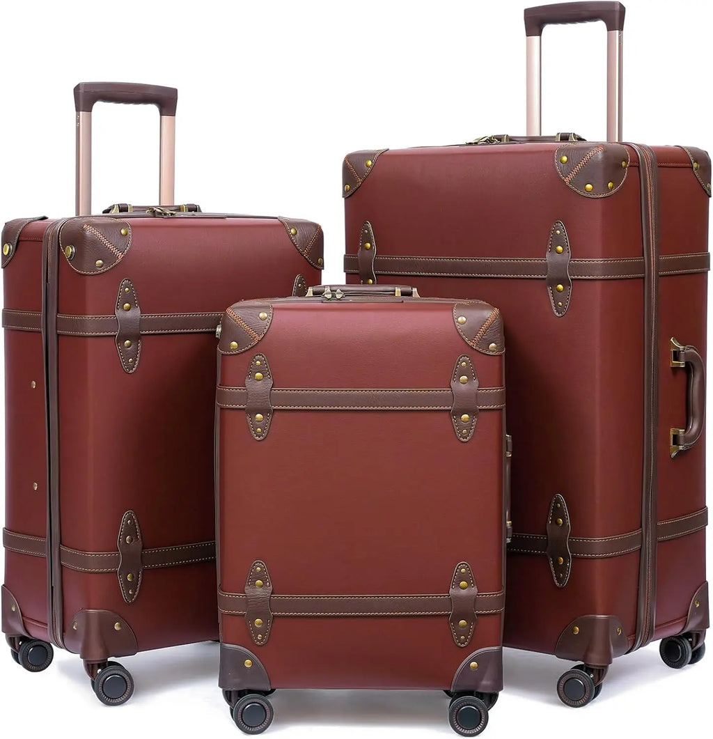 Urecity 3-teiliges Vintage PU-Leder Rolling Luggage Set – 20/24/28 Zoll Trolley Koffer mit Handtasche für Damen & Herren