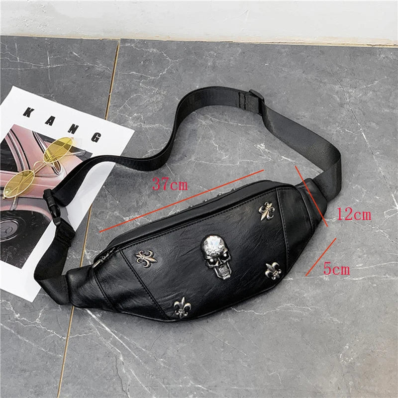 Annmouler Unisex Bauchtasche 2022 – Punk Style Fanny Pack aus Schwarzem PU-Leder mit Totenkopf, Nieten & Verstellbarem Gurt