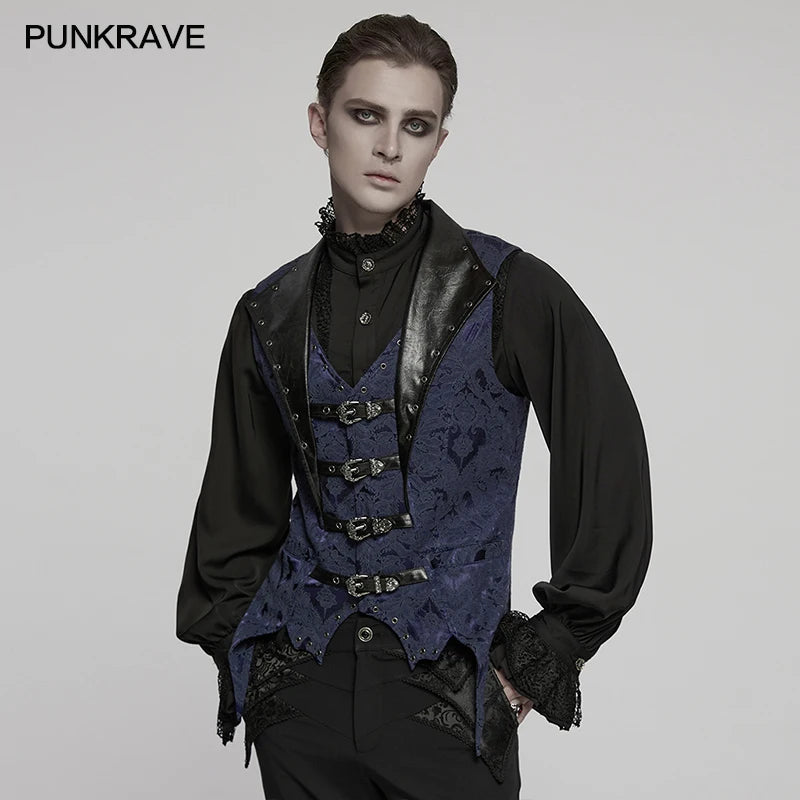 PUNK RAVE Herren Gothic Lederweste – Jacquard Lapel Waistcoat mit Fledermaus-Saum, Edle Slim Fit Weste für Party & Dark Fashion