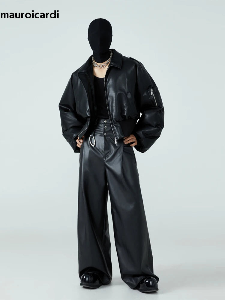 Mauroicardi Herren PU Lederjacke Schwarz – Kurze, Warme Designerjacke mit Baumwollfutter &amp; Reißverschluss für Herbst &amp; Winter