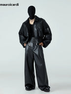 Mauroicardi Herren PU Lederjacke Schwarz – Kurze, Warme Designerjacke mit Baumwollfutter &amp; Reißverschluss für Herbst &amp; Winter