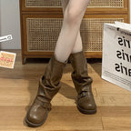 Luxuriöse Damen Biker Boots aus PU-Leder – Slip-On Mid-Calf Stiefel im Retro-Stil mit Blockabsatz & Schnallendetail