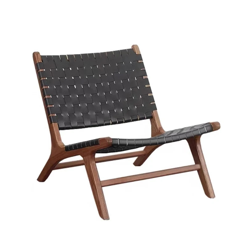 Sattel-Lounge Chair aus Eiche &amp; Rattan – Hochwertiger Freizeitstuhl mit Lederoptik für Balkon, Wohnzimmer &amp; Leisure Area