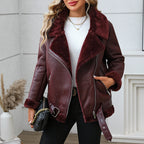 Damen PU Lederjacke mit Kunstfell – Warme Winterjacke für Frauen, Casual Motorrad-Look, Dicke Lederjacke für Herbst & Winter