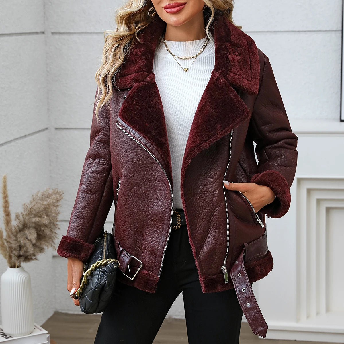 Damen PU Lederjacke mit Kunstfell – Warme Winterjacke für Frauen, Casual Motorrad-Look, Dicke Lederjacke für Herbst & Winter