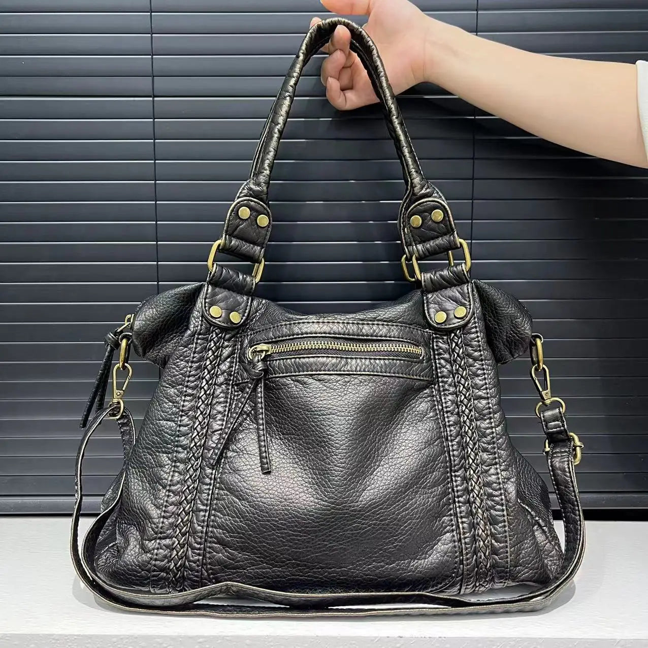 Vintage Damen Tote Bag aus gewaschenem, weichem PU-Leder – Große Commuter Schultertasche mit mehreren Fächern