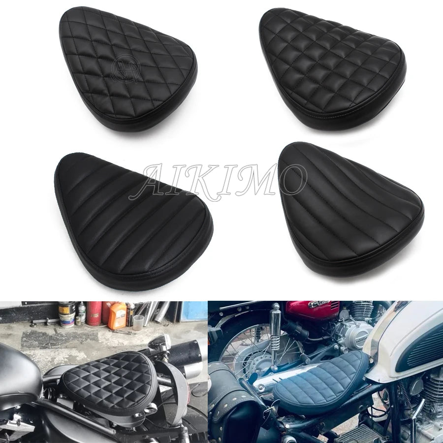 Motos de asiento de cuero con estilo retro Cafe Racer – Flacher Universalsitz para Bobber &amp; Chopper, Stoßdämpfend y vintage-schwarz 