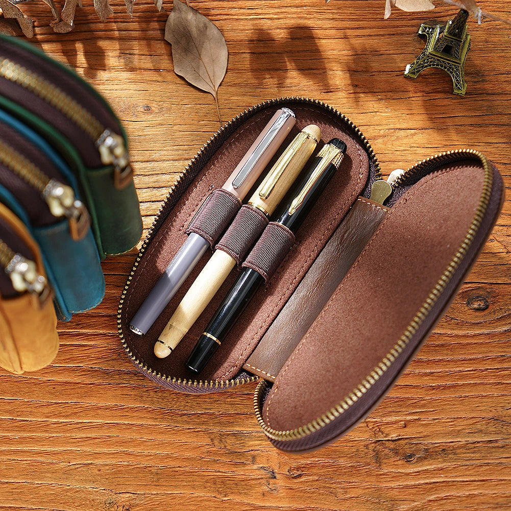 Vintage Crazy Horse Leder Stifteetui 3er-Set – Ovales Pen Case mit Reißverschluss für Füllfederhalter & Schreibgeräte