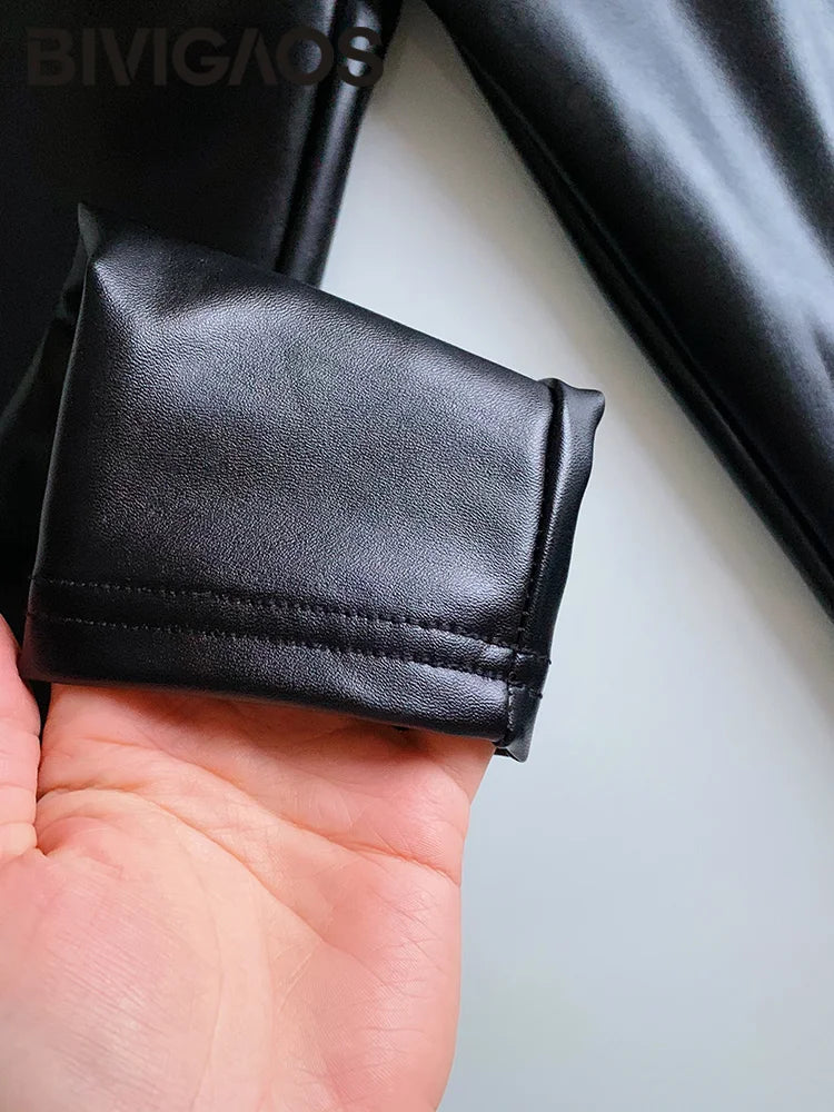 BIVIGAOS Damen PU Leder Leggings – High Waist, elastisch & warm gefüttert, Slim Fit Winter Leggings in Schwarz