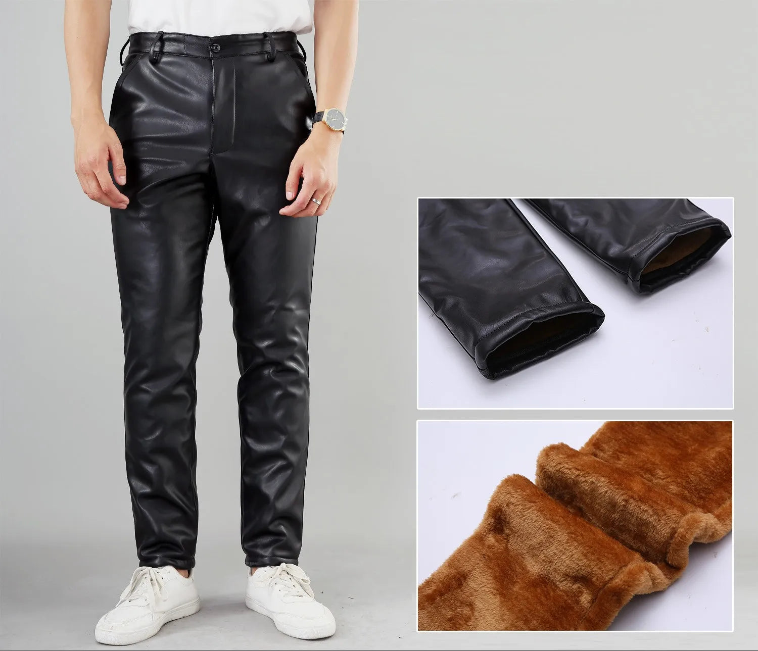 Pantalons surdimensionnés en cuir PU pour hommes avec hohem Bund – Pantalons d'hiver chauds et coupe-vent en tissu épais (Gr. 29–42) 