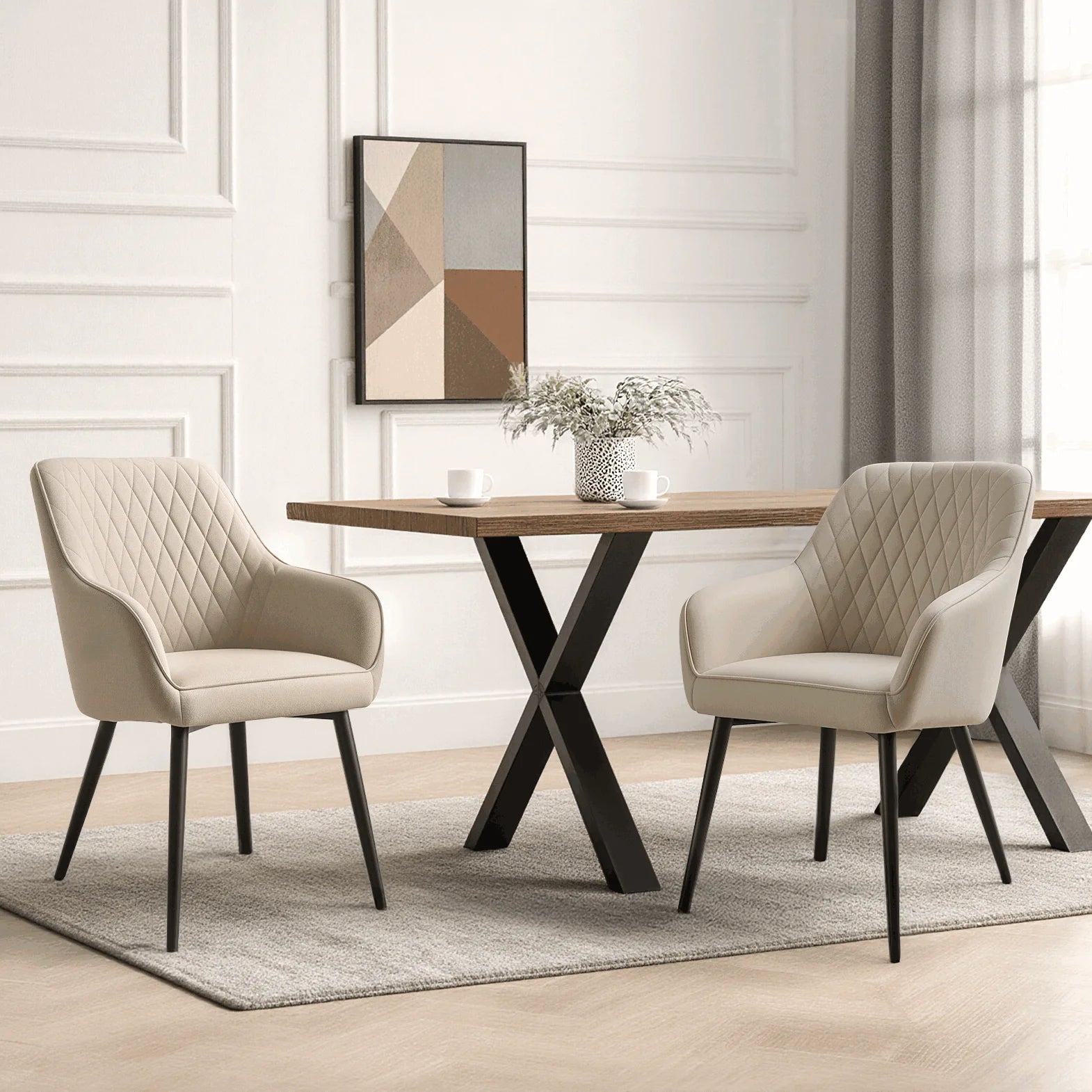 HOMAVO YZ8 2er Set Esszimmerstühle mit Armlehnen – Moderne Polsterstühle aus Stoff & PU-Leder für Esszimmer & Wohnzimmer