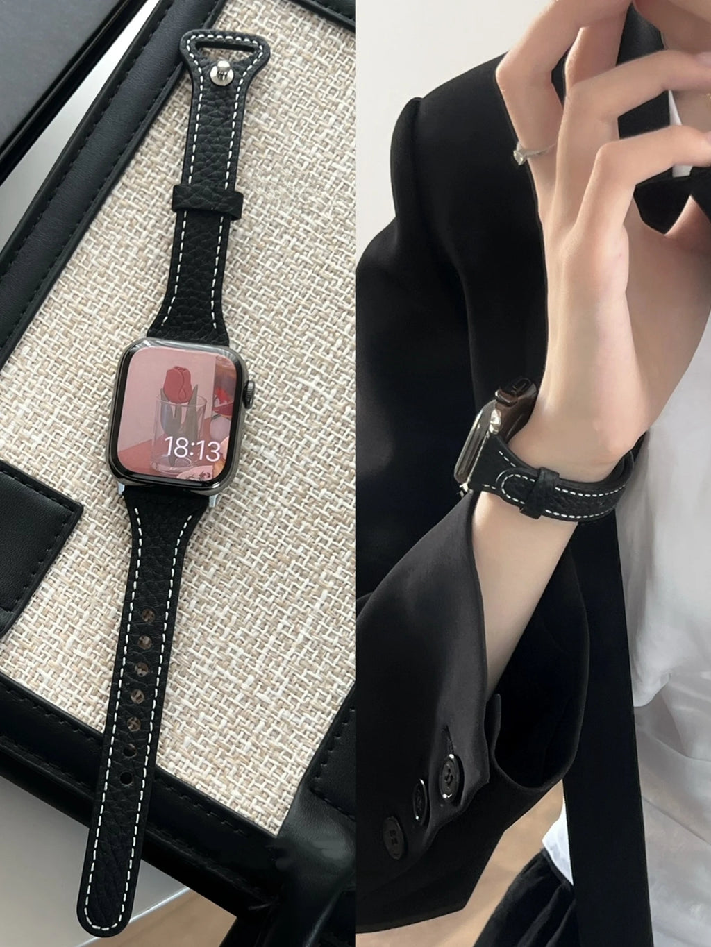 Elegante pulsera de cuero con bucle para Apple Watch de mujer – Correa de cuero de gran calidad de 38–46 mm y 49 mm para las series 1–11, SE y Ultra