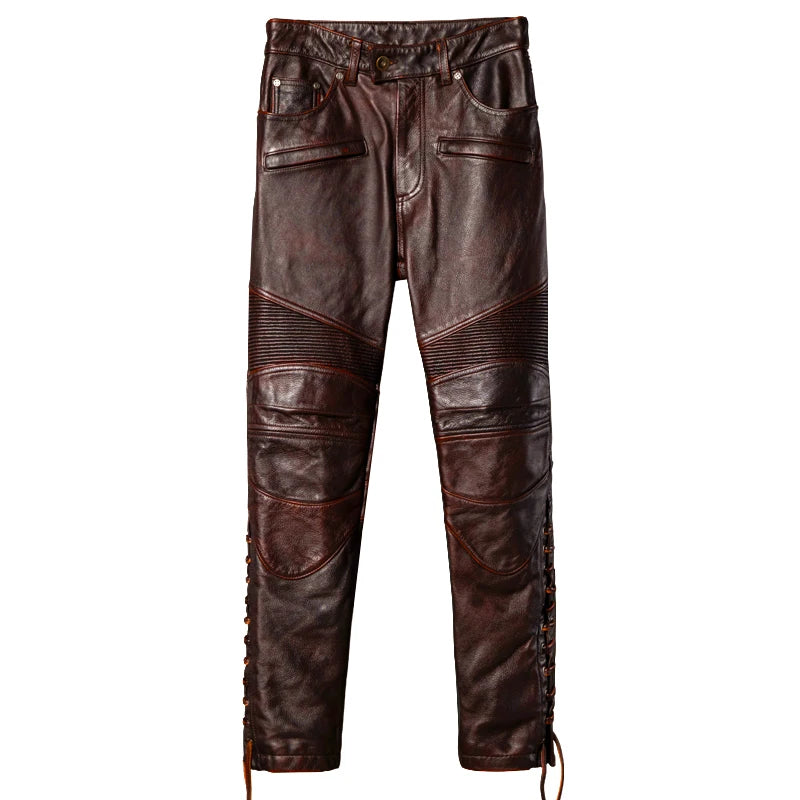 Herren Echtlederhose in Rotbraun – Vintage Motorrad-Lederhose aus natürlichem Rindsleder, Warme Winterhose im Retro-Stil bis 5XL