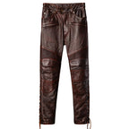 Herren Echtlederhose in Rotbraun – Vintage Motorrad-Lederhose aus natürlichem Rindsleder, Warme Winterhose im Retro-Stil bis 5XL