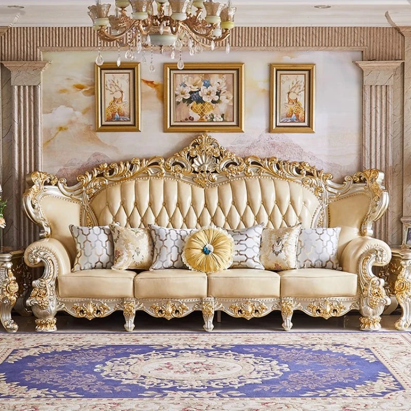 Elegantes Echtleder Sofa mit Massivholzrahmen – Luxuriöses Lounge Sofa im europäischen Stil für Wohnzimmer & Apartment