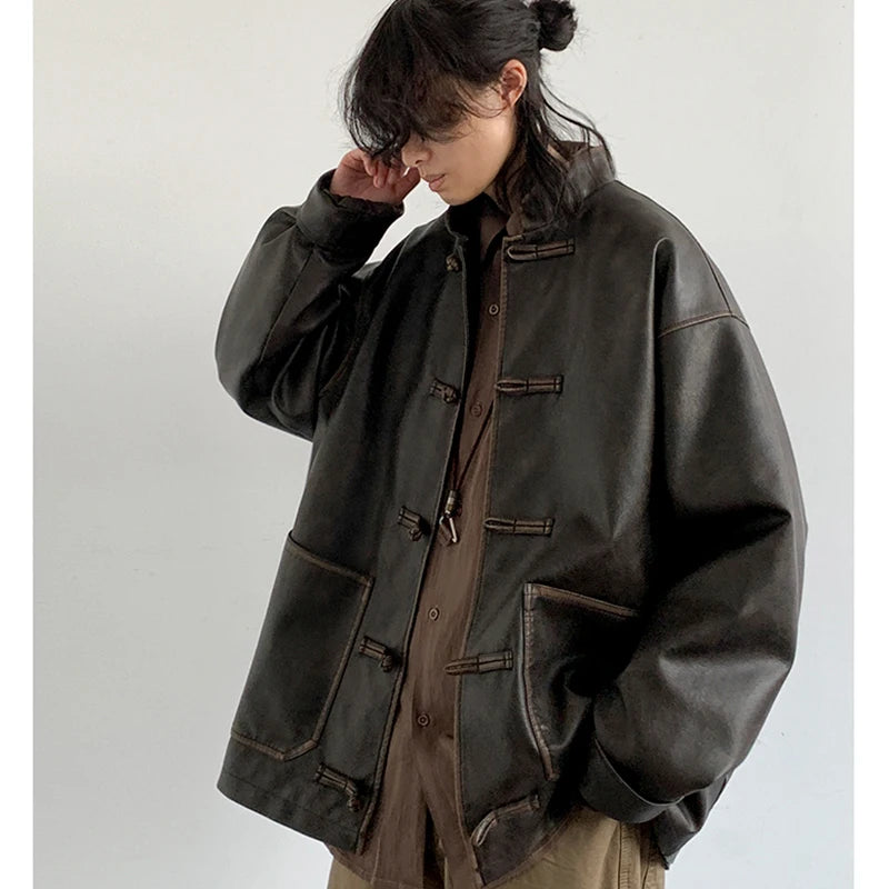 Mauroicardi Herren Oversized PU Lederjacke – Vintage Distressed Designerjacke mit Stehkragen im chinesischen Stil für Frühling & Herbst