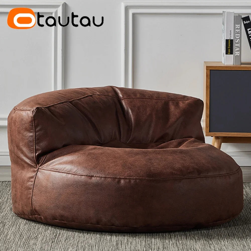 Großer Pouf Sofa Bezug in Lederoptik 100 cm – Beanbag Hülle für Sitzsack, Lounge Sessel & Ottoman, Retro Design ohne Füllung