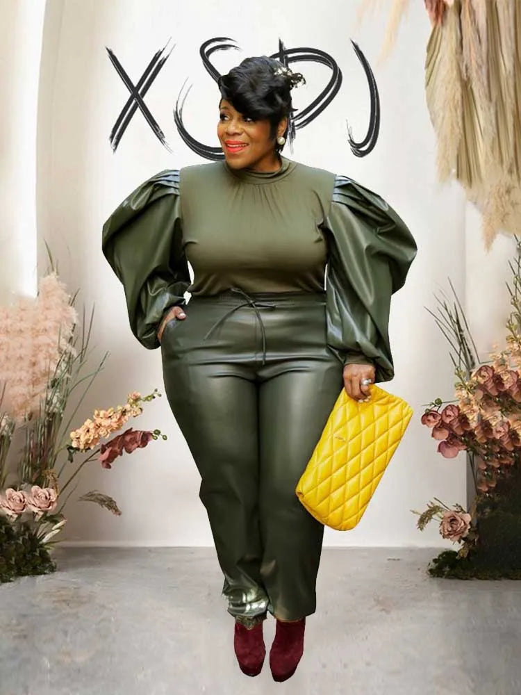 Damen Plus Size Zweiteiler Herbst & Winter – Patchwork Set aus PU & Strick mit Oberteil und Lederlook-Hose, Große Größen 2XL–5XL