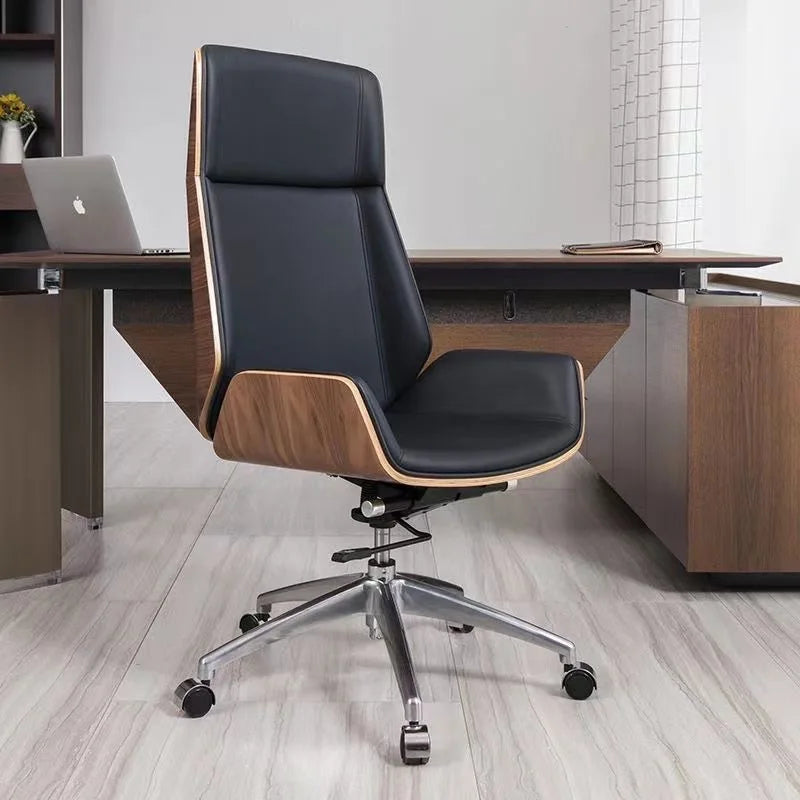 Highback Leder Bürostuhl mit Plywood-Rahmen – Ergonomischer Executive Drehstuhl mit weicher Lederpolsterung & Rollen für langes Sitzen