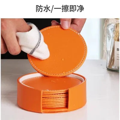 Aixiangru Set aus 6 schwarzen Leder-Untersetzern mit Halter – Elegante Getränkeunterlagen für Gläser & Tassen | Küchen- & Wohnaccessoires