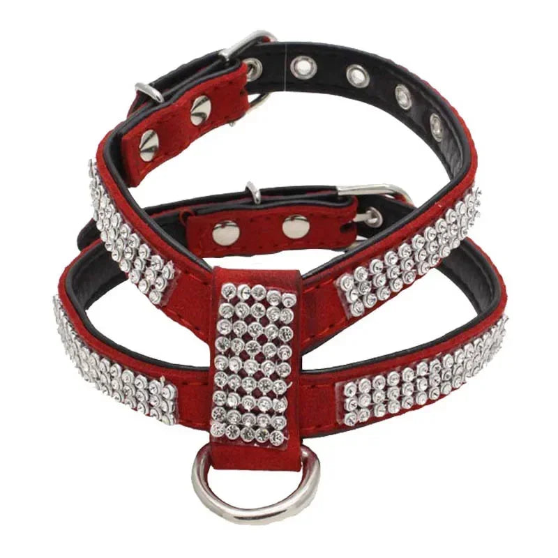 Verstellbares Hunde-Geschirr mit Strass – K-förmiges Bling Harness aus PU-Leder mit Schnellverschluss für kleine Hunde & Katzen