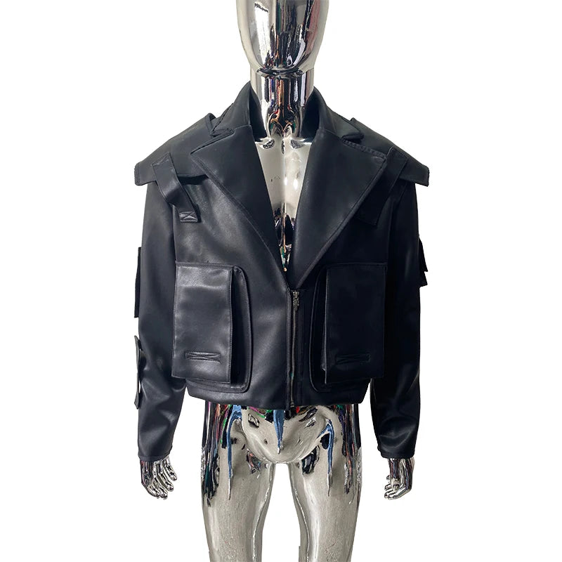 Nerazzurri Herren PU-Lederjacke kurz – Coole Emo & Streetstyle Blazer-Jacke mit Reißverschluss und 3D-Taschen für Frühling & Herbst