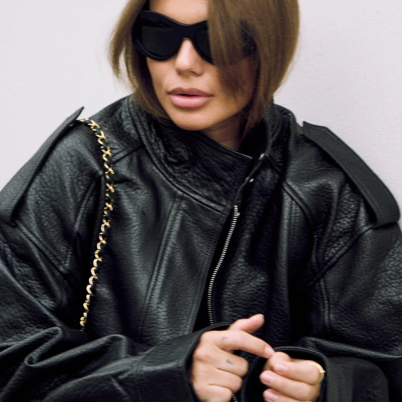 Damen Vintage Kunstleder Jacke Herbst & Winter 2025 – Kurze Y2K Streetwear Jacke mit Reißverschluss & Reverskragen, Casual High-Street Look