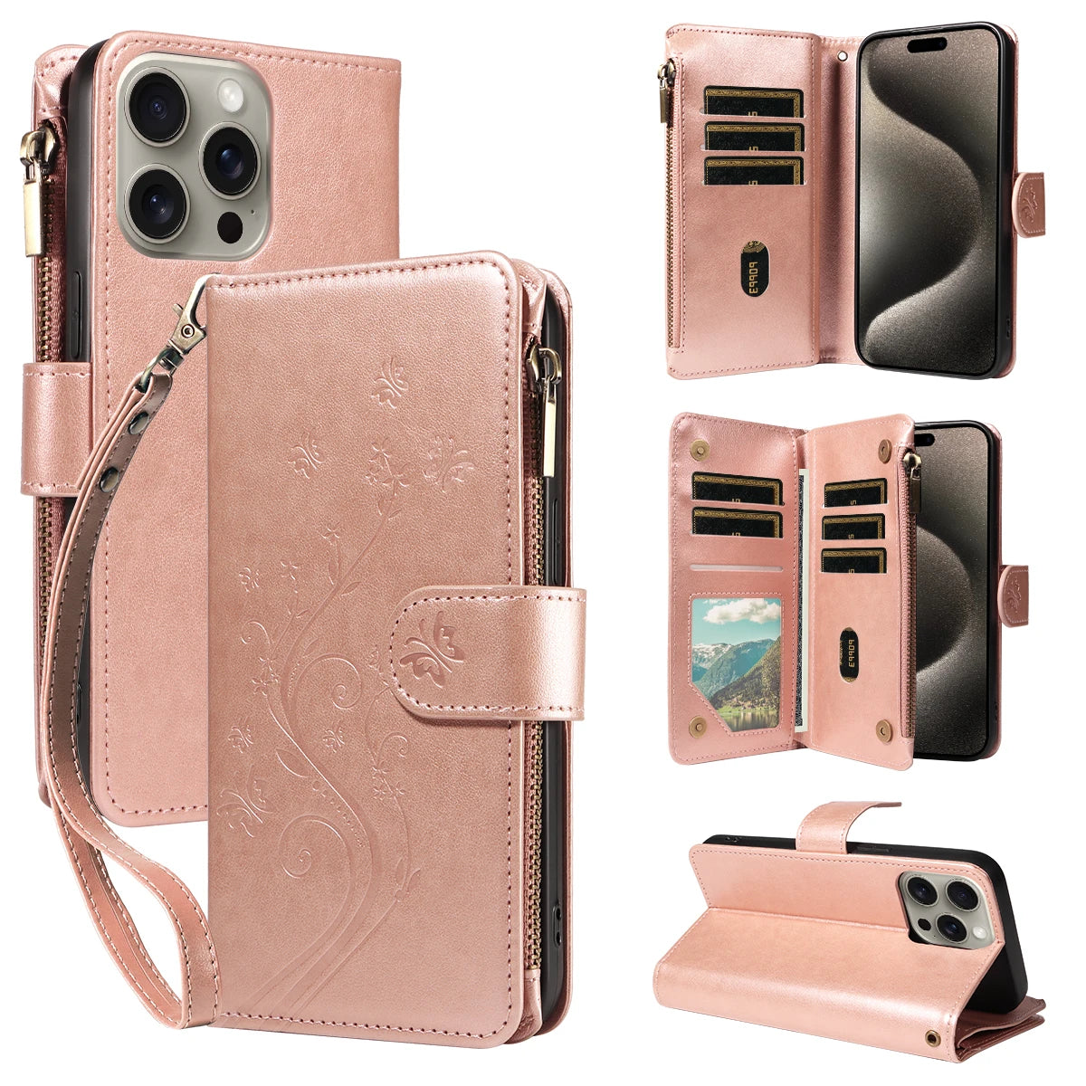 Multifunktionale Faux Leder Flip Wallet Hülle mit Reißverschluss für iPhone 11–16e – Kartenfach, Ständer & Rundumschutz