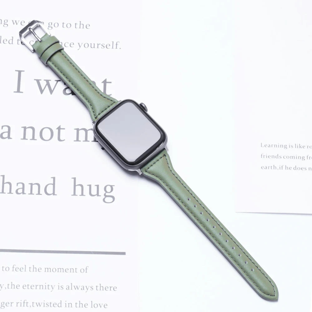 Schmales Lederarmband für Apple Watch – Elegantes Slim Leather Strap für Damen 38–45 mm & Ultra 49 mm mit Metallschließe