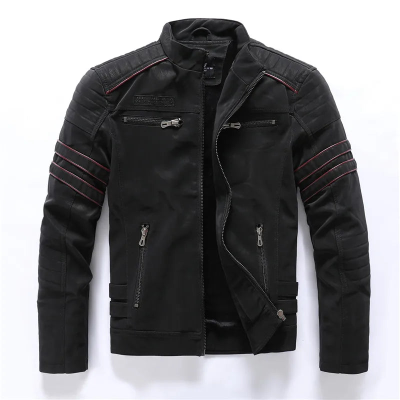 Herren Motorrad PU-Lederjacke mit Fleece-Futter – Vintage Biker Jacke mit Stehkragen &amp; Multi-Taschen pour Herbst &amp; Winter 2025