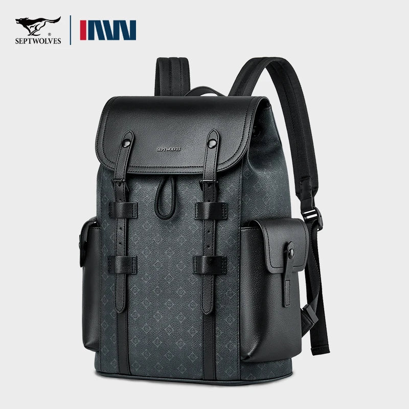 SEPTWOLVES Business Leder Rucksack Herren – Sac à dos design pour ordinateur portable avec monogramme, cordon et fermeture éclair