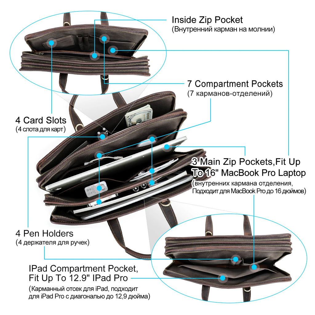 CONTACT’S Herren Leder Sling Briefcase – Vintage Business Schultertasche für Laptop bis 16"