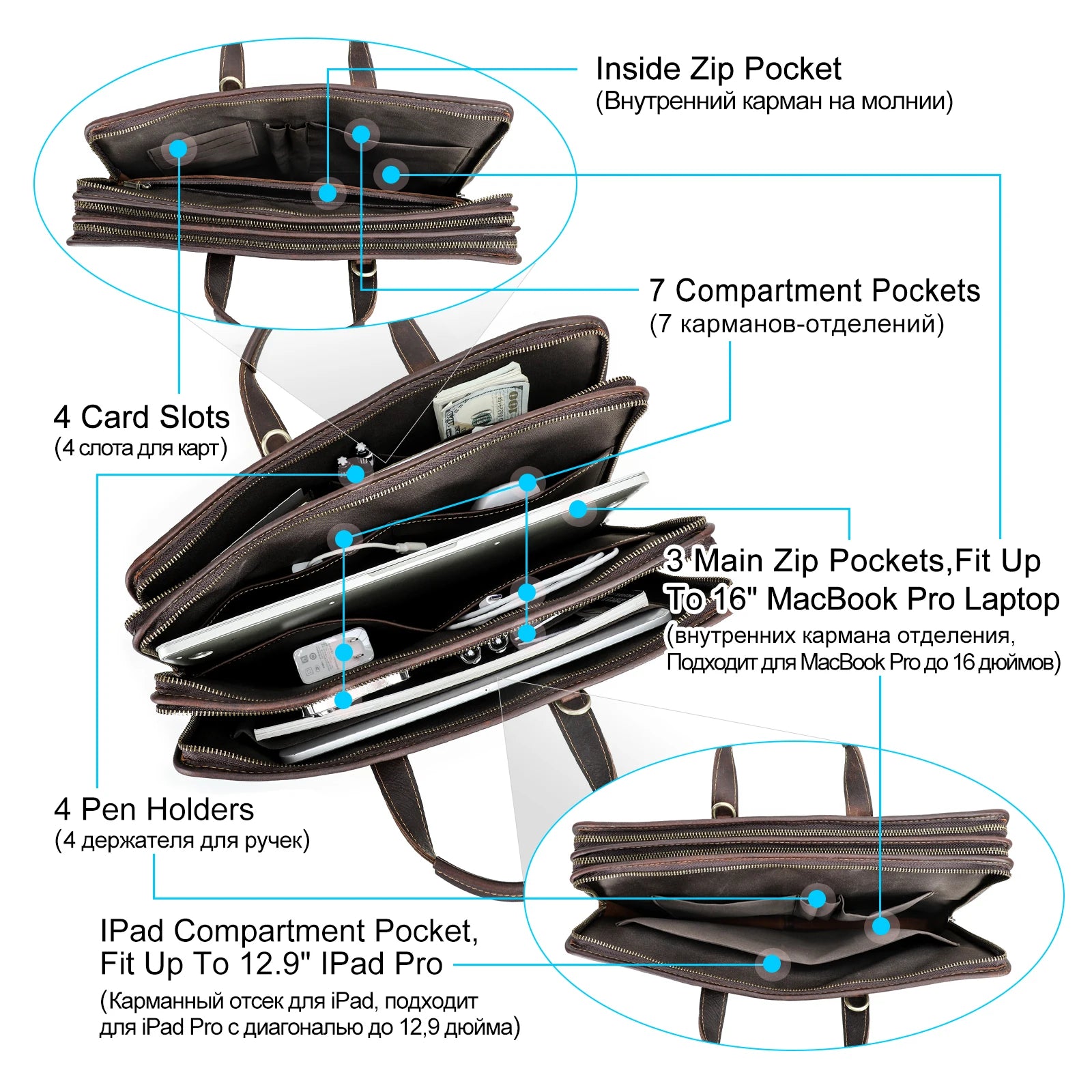 CONTACT'S Herren Leder Sling Maletín – Vintage Business Schultertasche para portátiles de hasta 16"