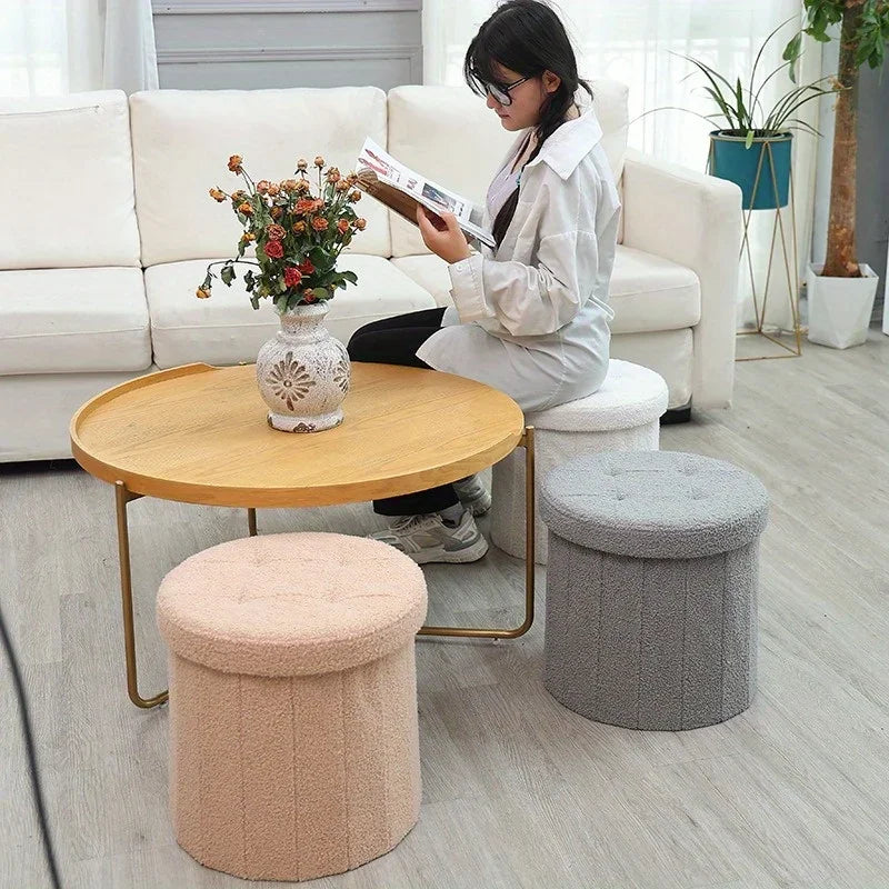 Kreativer runder Teddy-Stoff Hocker mit Stauraum – Weicher Bucket Ottoman & Schminkstuhl für Wohnzimmer & Schlafzimmer