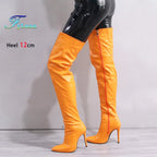 Damen Overknee Stiefel mit seitlichem Reißverschluss – Spitze Thigh-High Boots aus Lederoptik mit 12 cm Stiletto & Plateau (bis Größe 47)