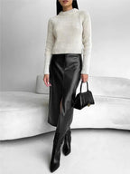 Damen PU Leder Midirock Schwarz – High Waist Rock mit Frontschlitz, eleganter Office- & Alltagsrock in Lederoptik für Herbst