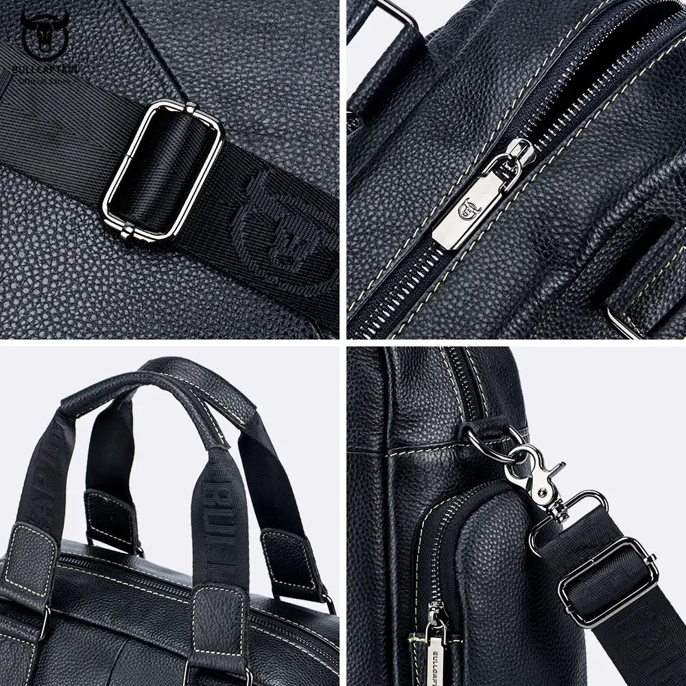 BULLCAPTAIN Herren Aktentasche aus echtem Rindsleder – Business &amp; Freizeit Laptoptasche für 14 Zoll, elegante Schulter- &amp; Messenger-Bag en Schwarz 