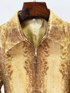 HIGH STREET Diseñador Damen Lederanzug 2025 – Schlangenleder-Optik Jacke mit Reißverschluss &amp; High Waist Schlaghose Set