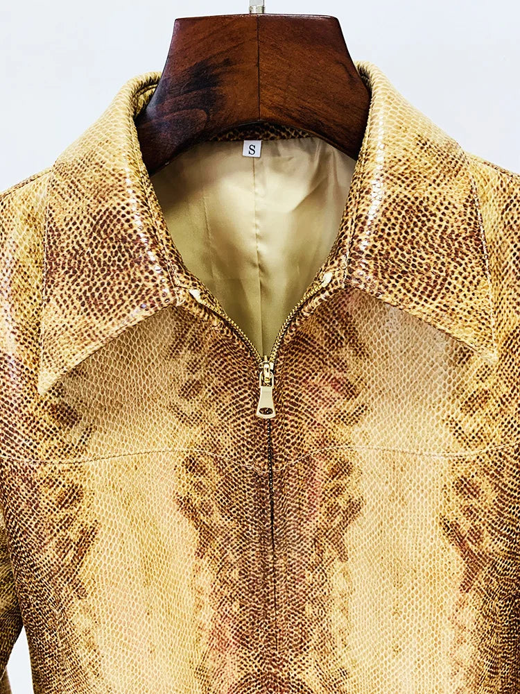 HIGH STREET Designer Damen Lederanzug 2025 – Schlangenleder-Optik Jacke mit Reißverschluss & High Waist Schlaghose Set