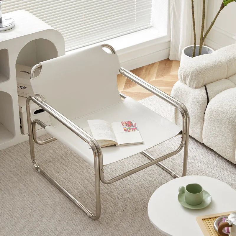Bauhaus Designer Einzelsessel aus Edelstahl & Sattelleder – Moderner Luxus Leisure- & Relaxstuhl im nordischen Stil