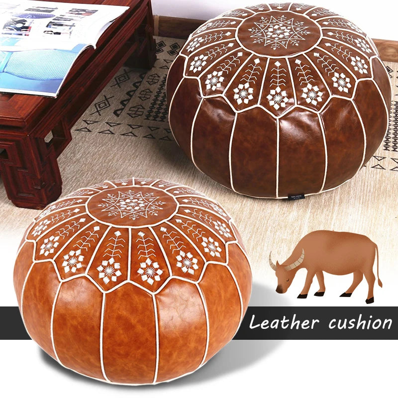 Marokkanischer PU Leder Pouf – Handgefertigter Ottoman & Fußhocker im mediterranen Stil, rund 50 cm, ungefüllt