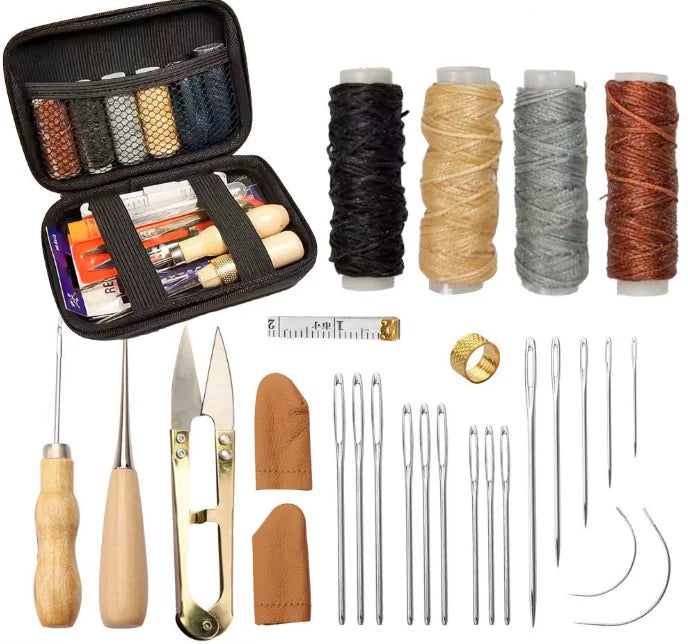 Leder Näh- &amp; Werkzeugset - Kit de reparación y costura para manualidades de cuero con gewachstem Faden, Ahle &amp; Groover para aficionados y profesionales 