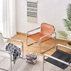 Moderner Metall-Armlehnenstuhl mit Leder-Rückenlehne – Minimalistischer Single Living Room Chair, komfortabler Design-Armchair für Zuhause 