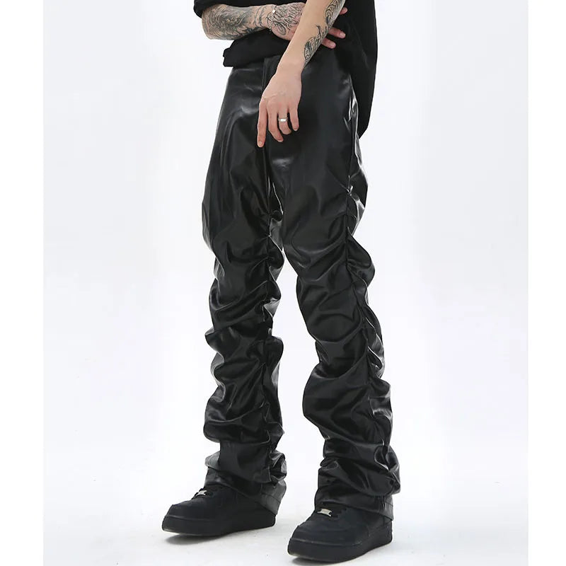 Herren PU Lederhose im Hip-Hop & Harajuku Style – Plissierte Streetwear Hose mit weitem Schnitt, schwarze Kunstlederhose für Alltag & High Street