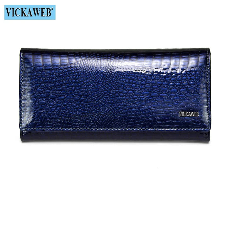 VICKAWEB Damen Geldbörse aus echtem Leder - Lange Fashion Wallet mit Doppel-Reißverschluss, großer Kapazität &amp; Alligator-Prägung (VK-AE501) 