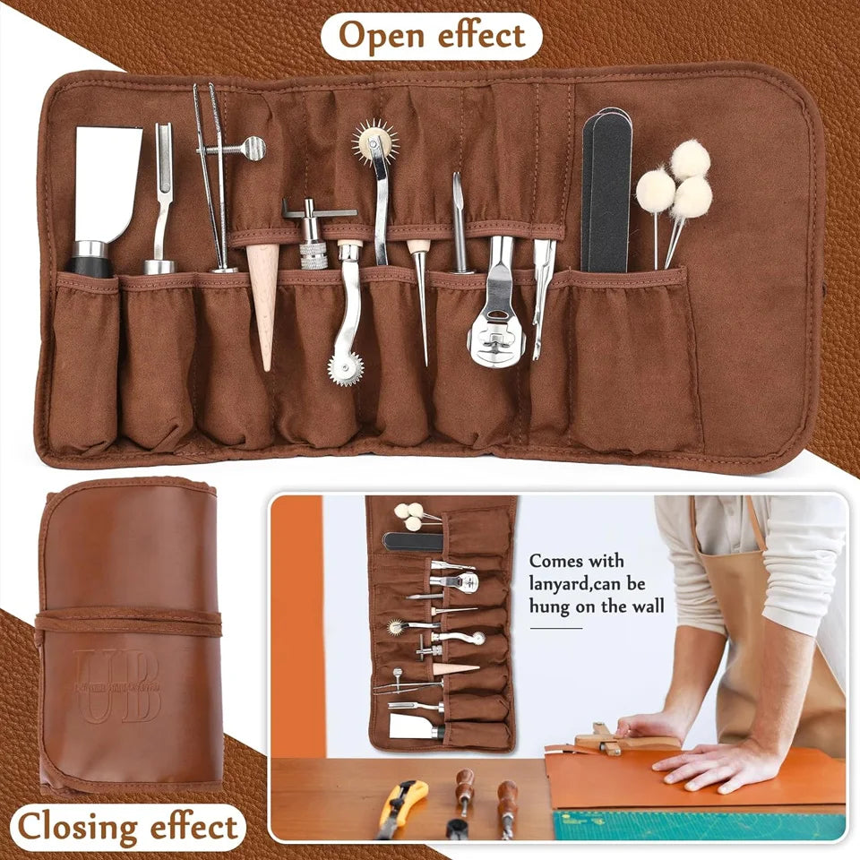 Zxiixz Profi Lederwerkzeug Set – Leather Craft Tools Kit mit Ahle, Stitching Punch, Nähnadeln & Kantenbearbeitung