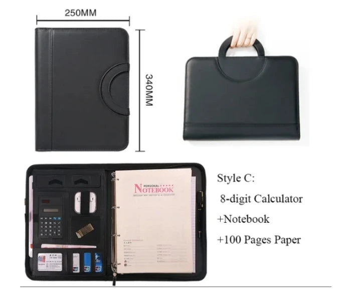 A4 PU-Leder Business Dokumententasche mit Reißverschluss & Taschenrechner – Konferenzmappe mit Griff | Tragbare Aktenmappe & Tablet-Organizer fürs Büro