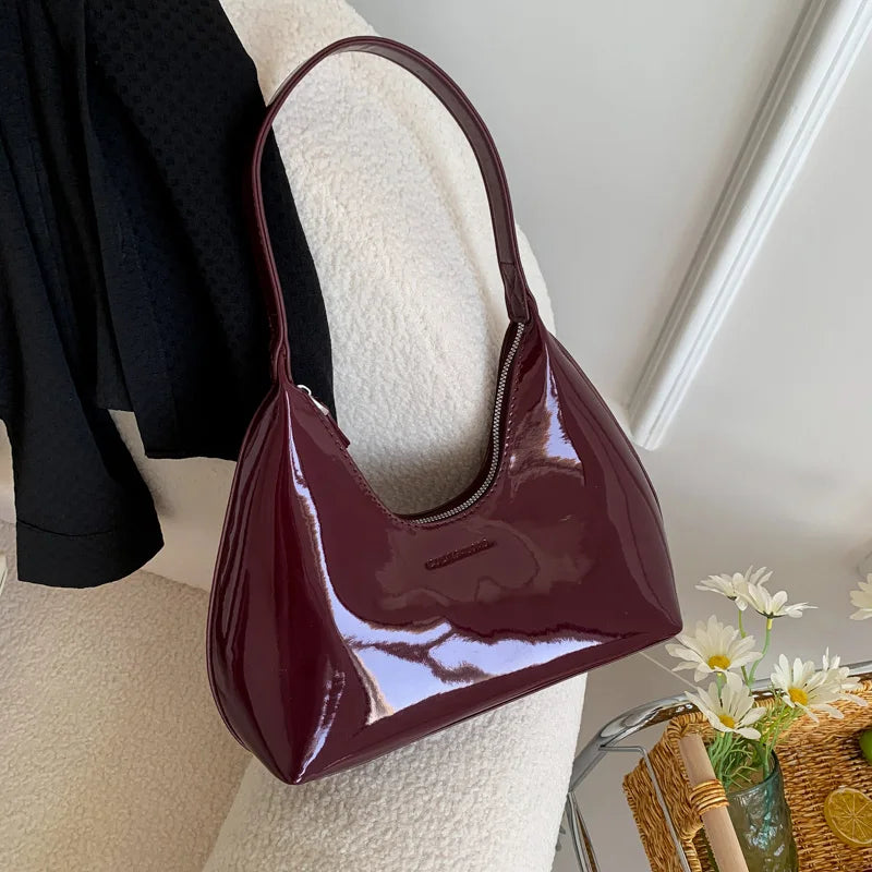Luxus Damen Schultertasche aus Lackleder – Elegante Tote Bag in Halbmond-Form, wasserabweisend & stilvoll für jeden Anlass