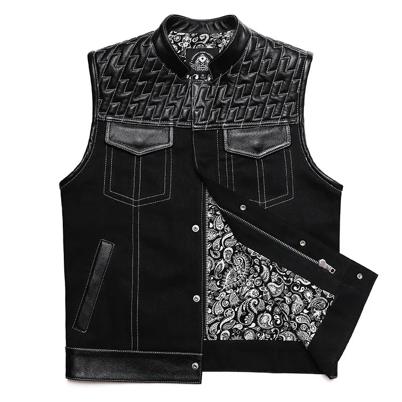 SOA Club Style Herren Biker Weste – Slim Fit Motorrad Weste mit Denim-Patchwork & Stickerei, Ärmellose Sons of Anarchy Style Waistcoat